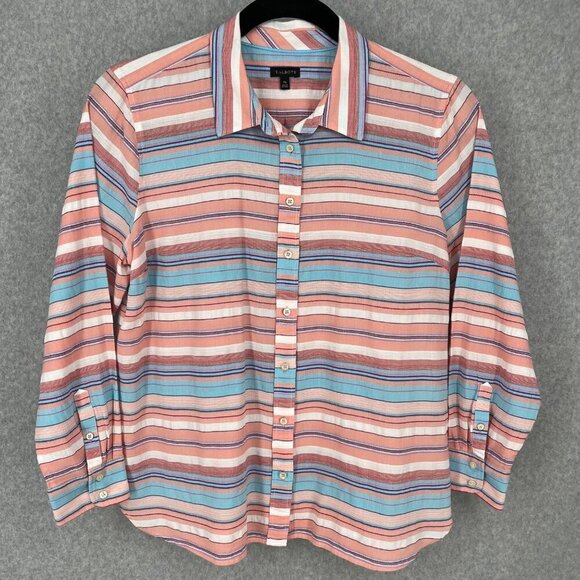 Talbots Classic Casual Button Up Shirt Size XL Sunset Stripe Serape Pink Blue - Picture 1 of 11
